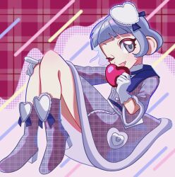 :d blunt_bangs boots commentary commentary_request dress fang full_body gloves hand_on_own_knee hand_up high_heel_boots high_heels highres himitsu_no_aipri holding knees_up looking_at_viewer looking_to_the_side mamiya_chii medium_dress one_eye_closed open_mouth pink_background pipo_(pipopipopo00) plaid_background plaid_clothes plaid_dress plaid_footwear pretty_series purple_boots purple_dress purple_eyes purple_hair red_background short_hair short_sleeves sitting smile straight_hair v-shaped_eyebrows white_gloves