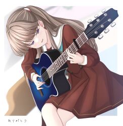 1girl absurdres acoustic_guitar aqua_neckerchief blurry blurry_background brown_dress brown_hair capo_(guitar) commentary_request crossed_legs dress feet_out_of_frame fujishima_megumi guitar half-closed_eyes hasu_no_sora_school_uniform highres instrument link!_like!_love_live! long_hair long_sleeves love_live! medium_dress music neckerchief parted_lips playing_guitar playing_instrument pleated_dress purple_eyes sailor_collar sailor_dress school_uniform sitting solo thank_you tsubuan_(in_taiyaki) two_side_up virtual_youtuber white_sailor_collar winter_uniform