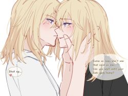 2girls amakuma bang_dream! bang_dream!_it&#039;s_mygo!!!!! black_shirt blonde_hair blush commentary english_text eye_contact half-siblings imminent_kiss incest looking_at_another medium_hair misumi_uika misumi_uika&#039;s_sister multiple_girls parted_lips purple_eyes shirt short_sleeves siblings simple_background sisters speech_bubble spoilers white_background white_shirt yuri