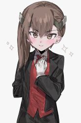 1girl alternate_costume aogisa asymmetrical_hair black_jacket black_pants brown_eyes brown_hair butler collared_shirt commentary_request cowboy_shot dress_shirt formal_clothes gloves hand_on_own_chest headgear highres jacket kantai_collection looking_at_viewer pants red_vest shirt short_hair short_hair_with_long_locks simple_background solo suit suit_jacket taihou_(kancolle) tsurime v-shaped_eyebrows vest white_background white_gloves white_shirt