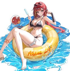 Rule 34 | 1girl, absurdres, afloat, akane lize, barefoot, belt, bikini, black bikini, black eyes, black ribbon, blonde hair, blush, breasts, character name, cleavage, commentary request, conch, eyewear on head, feet, food, front-tie bikini top, front-tie top, grin, hair ornament, hair ribbon, heart, heart-shaped eyewear, highleg, highleg bikini, highres, holding, holding food, holding popsicle, innertube, korean commentary, large breasts, layered bikini, long hair, looking at viewer, mella (mell a12), mole, mole on cheek, multicolored hair, nail polish, navel, pienna (akane lize), popsicle, red hair, red nails, ribbon, sandals, single sandal, skindentation, smile, solo, starfish, stellive, streaked hair, string bikini, sunglasses, swim ring, swimsuit, thigh belt, thigh strap, toenail polish, toenails, toes, underboob, very long fingernails, very long hair, virtual youtuber, water, water drop, wet, white belt