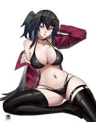 Rule 34 | 1girl, absurdres, azur lane, bare shoulders, bikini, black bikini, black choker, black hair, black thighhighs, blush, breasts, choker, cleavage, eyewear on head, hair between eyes, highres, jacket, kano33, large breasts, long hair, looking at viewer, multi-strapped bikini bottom, navel, official alternate costume, race queen, red eyes, red jacket, solo, swimsuit, taihou (azur lane), taihou (enraptured companion) (azur lane), thighhighs