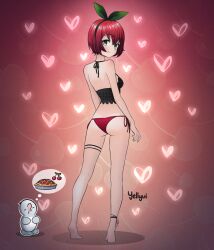 1girl artist_name ass bikini blush cherry closed_mouth commentary english_commentary eyelashes food from_behind fruit full_body green_eyes green_hairband hairband heart highres legs looking_at_viewer looking_back original pie red_hair shadow short_hair side-tie_bikini_bottom smile solo_focus speech_bubble swimsuit thought_bubble tiptoes yellyvi