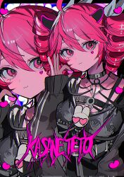1girl :3 absurdres ahoge black_coat black_horns black_shirt blush bow character_name character_print coat corrupted_twitter_file drill_hair facial_mark hair_between_eyes hair_bow hallway hand_up hashtag-only_commentary heart heart_facial_mark highres holding holding_heart horns kasane_teto looking_at_viewer momae_mac ok_sign pink_eyes red_hair shirt solo tank_top twin_drills upper_body utau white_bow zoom_layer