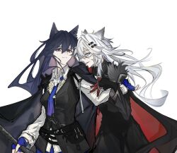 2girls animal_ears arknights black_cape black_gloves black_hair blue_eyes blue_gloves bolo_tie bucunzaidexorry cape chinese_commentary closed_mouth commentary_request cowboy_shot fingerless_gloves gloves hair_between_eyes highres lappland_(arknights) lappland_the_decadenza_(arknights) long_hair long_sleeves multiple_girls official_alternate_costume orange_eyes parted_lips profile red_cape red_gloves scar scar_across_eye scar_on_face simple_background standing texas_(arknights) texas_the_omertosa_(arknights) transparent_background two-sided_cape two-sided_fabric white_hair wolf_ears wolf_girl