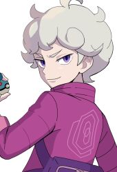 Rule 34 | 1boy, ahoge, bede (pokemon), closed mouth, coat, curly hair, eyelashes, gloves, great ball, hand up, highres, holding, holding poke ball, looking at viewer, male focus, nakikot t, nintendo, poke ball, pokemon, pokemon swsh, purple coat, purple eyes, short hair, simple background, smile, solo, white background
