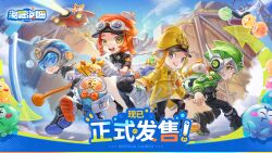 Rule 34 | 4others, :q, ambiguous gender, black pants, blonde hair, blue eyes, chinese text, closed mouth, gloves, goggles, goggles on headwear, green eyes, green hat, green jacket, grey eyes, hat, highres, jacket, multiple others, official art, open mouth, orange hair, orange hat, pants, popucom, teeth, tongue, tongue out, upper teeth only, white gloves, yellow eyes, yellow hat, yellow jacket, yolkie (popucom)