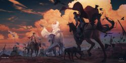 1girl 2boys absurdres banner battle_standard battlefield berserk bird black_hair cape casca_(berserk) dog english_text flag floating_cape from_behind griffith_(berserk) guts_(berserk) highres horse horseback_riding multiple_boys orange_clouds outdoors red_cape riding scenery short_hair sky spencer_sais sunset sword war_banner weapon weapon_on_back white_cape white_hair