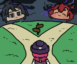 1boy 2girls amate_yuzuriha beanie black_cloud black_hair blue_eyes commentary gundam gundam_gquuuuuux gundam_suisei_no_majo gundam_tekketsu_no_orphans hair_between_eyes hat jazz_jack mikazuki_augus multiple_girls red_hair road short_eyebrows signpost sketch suletta_mercury thick_eyebrows thunderstorm