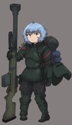 1girl anti-materiel_rifle armor artist_name backpack bag beyond_citadel blue_eyes blue_hair body_armor boots green_armor green_boots green_helmet gun helmet highres holding holding_gun holding_weapon noel_(the_citadel) rifle short_hair simple_background sniper_rifle solo the_citadel tzhd3875 weapon