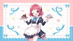 Rule 34 | 1girl, ;d, alternate costume, apron, black dress, blue bow, blue bowtie, bow, bowtie, breasts, brown eyes, cake, chocolate cake, contrapposto, cowboy shot, dot nose, dress, enmaided, film grain, food, frilled apron, frills, game cg, head tilt, heart, holding, holding tray, izumi tsubasu, long sleeves, looking at viewer, macaron, maid, maid apron, maid headdress, non-web source, official art, one eye closed, open mouth, re:stage!, red hair, short hair, small breasts, smile, solo, sorano neon, thighhighs, tray, white apron, white thighhighs, zettai ryouiki