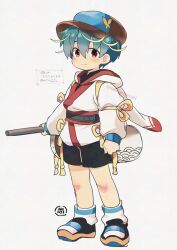 Rule 34 | 1boy, artist logo, artist name, black footwear, black shorts, blue hat, blush, butterfly ornament, commentary request, drumsticks, hat, holding, holding stick, hood, hood down, jacket, logo, looking at viewer, male focus, multicolored hair, nao (necomugi), oki (tamacolle), red eyes, shorts, smile, stick, tamacolle, translation request, white background, white jacket