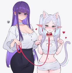 2girls :d absurdres animal_ears black_skirt blush breasts cat_ears cat_tail cleavage closed_mouth collar earrings elf fern_(sousou_no_frieren) frieren green_eyes hands_up heart highres jewelry large_breasts leash long_hair long_sleeves midriff multiple_girls navel open_mouth pointy_ears purple_hair qiandaiyiyu red_collar shirt shirt_tucked_in shorts simple_background skirt smile sousou_no_frieren stomach tail thick_eyebrows white_background white_hair white_shirt white_shorts