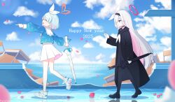2025 2girls absurdres arona_(blue_archive) black_choker black_coat black_eyes black_footwear black_hairband black_pantyhose black_sailor_collar black_serafuku black_shirt black_skirt blue_archive blue_hair blue_shirt bow bow_hairband chinese_commentary choker closed_mouth coat colored_inner_hair commentary grey_hair hair_bow hairband halo happy_new_year heart heart_halo highres holding holding_weapon loafers long_hair long_sleeves medium_hair miniskirt multicolored_hair multiple_girls neckerchief new_year pantyhose paralier petals pink_hair plana_(blue_archive) pleated_skirt puffy_long_sleeves puffy_sleeves red_halo red_pupils rose_petals sailor_collar sailor_shirt school_uniform serafuku shirt shoes skirt sneakers very_long_hair weapon white_bow white_choker white_footwear white_hairband white_neckerchief white_sailor_collar white_skirt wide_sleeves