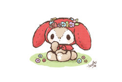 1boy animal_ears blush brown_fur chibikemo commentary_request flower furry furry_male head_wreath highres littleforestfellow male_focus onegai_my_melody pawpads rabbit_boy rabbit_ears rabbit_tail red_hood sakano_machi sanrio simple_background sitting solid_oval_eyes solo tail