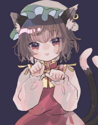 Rule 34 | 1girl, :p, animal ear fluff, animal ear piercing, animal ears, brown eyes, brown hair, cat ears, cat tail, chen, commentary request, dark background, earrings, eyes visible through hair, frills, hands up, hat, hiyuu (hiyualice), jewelry, long sleeves, looking at viewer, mob cap, multiple tails, nekomata, paw pose, puffy long sleeves, puffy sleeves, red skirt, red vest, short hair, simple background, single earring, skirt, solo, tail, tongue, tongue out, touhou, two tails, vest