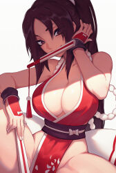 1girl bare_shoulders breasts brown_eyes brown_hair cleavage commentary english_commentary fatal_fury folded_fan folding_fan hand_fan highres holding holding_fan japanese_clothes large_breasts liyart long_hair looking_at_viewer mouth_hold obi ponytail revision sash shiranui_mai simple_background sitting smile solo the_king_of_fighters very_long_hair white_background