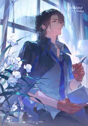 1boy artist_name belt black_belt black_jacket black_pants blue_necktie brown_gloves brown_hair character_request copyright_request curtains flower gloves green_eyes grey_shirt highres holding holding_notebook holding_pen indoors inkwell jacket lamp leaf looking_up male_focus necktie notebook pants parted_bangs parted_lips pen renjian_shilian shirt sitting solo watermark white_flower window