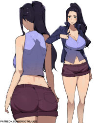 1girl ass ass_focus back belly black_hair breasts cleavage collarbone crop_top dr_octojuice green_eyes huge_ass long_hair midriff multiple_views navel nico_robin official_alternate_costume one_piece one_piece:_adventure_of_nebulandia open_clothes parted_lips ponytail shorts simple_background white_background