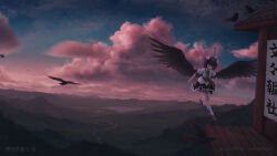 1girl absurdres architecture artist_name bird black_skirt black_wings cloud cloudy_sky crow east_asian_architecture fasnakegod gensokyo highres landscape scenery shameimaru_aya shirt skirt sky solo sunset touhou white_shirt wings
