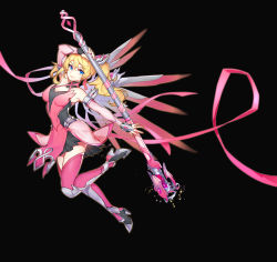 1girl alternate_hairstyle arm_up bare_shoulders black_background black_skirt blonde_hair blue_eyes breasts catin criss-cross_halter dress elbow_gloves female_focus fingerless_gloves full_body gloves hair_ribbon halo halterneck highres holding holding_staff light_smile looking_at_viewer mechanical_halo mechanical_wings medium_breasts medium_hair mercy_(overwatch) miniskirt official_alternate_costume overwatch overwatch_1 pelvic_curtain pink_dress pink_gloves pink_legwear pink_mercy pink_ribbon pleated_skirt ribbon simple_background skirt solo staff twintails wings