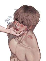 Rule 34 | 1boy, abs, bare shoulders, blush, closed mouth, from above, hands on own face, highres, kkiisscchhuu, leaning forward, lipstick, lipstick mark, lipstick mark on face, lipstick mark on shoulder, looking up, lookism, makeup, male focus, muscular, muscular male, pectorals, seong yo-han, simple background, too many lipstick marks, topless male, white background