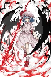 Rule 34 | 1girl, bat wings, blood, blood on face, blue hair, frilled shirt collar, frills, hair between eyes, hat, hat ribbon, highres, holding, holding polearm, holding weapon, looking at viewer, mary janes, mob cap, myui17901139, pink hat, pink shirt, pink skirt, polearm, puffy short sleeves, puffy sleeves, red eyes, red ribbon, red shoes, remilia scarlet, ribbon, shirt, shoes, short hair, short sleeves, skirt, skirt set, solo, spear the gungnir, touhou, weapon, wings