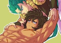 2boys abs armpits arms_up bare_pectorals black_eyes black_hair black_vest blue_eyes blue_hair blue_sash blush broly_(dragon_ball_super) closed_mouth cross_scar curtained_hair dark-skinned_male dark_skin dragon_ball dragon_ball_super dragon_ball_super_broly facial_scar gogeta hair_between_eyes hand_on_another&#039;s_chest looking_at_another looking_down looking_up loose_hair_strand male_focus medium_hair metamoran_vest multiple_boys muscular muscular_male nipples outline pants parted_lips pectoral_grab pectorals sash scar scar_on_cheek scar_on_chest scar_on_face scar_on_stomach short_hair sleeveless spiked_hair teeth topless_male vest white_outline white_pants wristband yaoi yellow_background