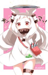 10s 1girl abyssal_ship ahoge black_panties colored_skin commentary_request dress female_focus fish highres horns kantai_collection long_hair looking_at_viewer mittens northern_ocean_princess pale_skin panties red_eyes saury sleeveless sleeveless_dress solo sparkle text_focus translation_request underwear white_dress white_hair white_skin zarathurtra