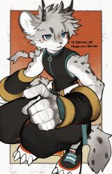 1boy black_shirt blue_eyes body_fur braid braided_ponytail claws commentary_request furry furry_male grey_fur grey_hair highres horns long_hair looking_at_viewer low_ponytail male_focus original ponytail red_background shirt sleeveless sleeveless_shirt snow_leopard_boy solo squatting suesubro tail