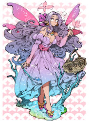 1girl bare_shoulders blue_dress blue_hair breasts brown_eyes cleavage closed_mouth collar dress earrings fairy fairy_wings gradient_clothes gradient_dress gradient_hair hair_ribbon hand_up heart highres holding holding_stick jewelry kafun long_hair looking_at_creature looking_up medium_breasts multicolored_hair original pink_background pointy_ears purple_dress purple_hair purple_nails purple_ribbon ribbon simple_background solo stick very_long_hair wings