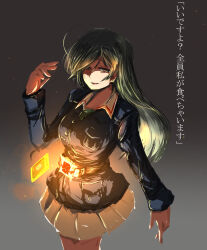 Rule 34 | 1girl, ahoge, belt, black eyes, black hair, blue jacket, commentary, cowboy shot, girls und panzer, half-closed eyes, highres, isuzu hana, jacket, kabutowari, kamen rider, kamen rider den-o (series), kamen rider gaoh, long hair, long sleeves, looking at viewer, military uniform, miniskirt, ooarai military uniform, pleated skirt, skirt, solo, standing, translated, white skirt