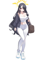 1girl absurdres alternate_costume bag black_hair blue_archive blush breasts cleavage collarbone commentary_request cross cross_earrings duffel_bag earrings eyes_visible_through_hair full_body hair_over_one_eye halo highres hinata_(blue_archive) jewelry kurochomo large_breasts long_hair looking_at_viewer midriff pants red_eyes shoes simple_background solo track_pants very_long_hair white_background white_pants white_shoes winged_halo yellow_halo