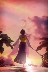 1girl 3d absurdres back_bow bare_shoulders barefoot blue_skirt bow brown_hair cloud detached_sleeves final_fantasy final_fantasy_x from_behind full_body highres holding holding_staff long_skirt pleated_skirt ria-neearts short_hair skirt solo square_enix staff sunset tree walking_on_water white_sleeves yuna_(ff10)