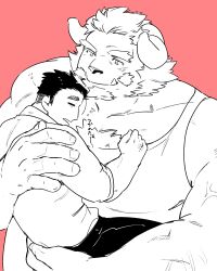2boys =_= bara carrying carrying_person chernobog_(housamo) chest_hair_peek chest_tuft couple curled_horns facial_hair foreplay forked_eyebrows furry furry_male furry_with_non-furry goatee greyscale_with_colored_background highres horns huge_pectorals interspecies large_hands male_focus minotaur multiple_boys muscular muscular_male mustache nanaisan_(713) pencil_mustache pink_background protagonist_3_(housamo) short_hair size_difference sleeping sleeping_on_person smile square_head squeans tank_top thick_eyebrows tokyo_houkago_summoners tusks yaoi