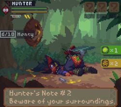 animated animated_gif badcolor bestiality blue_eyes bouncing_ass bug dark_skin defeat english_text honey monster_hunter_(series) outdoors pixel_art rape sex top-down_bottom-up torn_clothes
