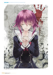 1girl black_dress black_jacket blood bow breasts buttons chaos;child chest_bow closed_eyes collarbone cropped_jacket double-breasted dress facing_viewer floating_hair hair_between_eyes handprint hekiho_academy hekiho_academy_school_uniform highres interlocked_fingers jacket long_sleeves looking_at_viewer official_art onoe_serika own_hands_clasped own_hands_together palms_together pink_hair praying sailor_collar sasaki_mutsumi school_emblem school_uniform short_hair short_hair_with_long_locks sidelocks solo sumo_sticker_(chaos;child) white_sailor_collar
