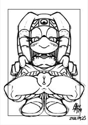2022 absurdres aku_tojyo bottomless clothes_lift echidna highres monochrome pussy skirt skirt_lift sonic_(series) tikal_the_echidna