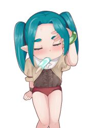 1girl aqua_hair arm_at_side bare_legs blush brown_shirt buruma closed_eyes dot_nose eating feet_out_of_frame female_focus food forehead from_above hand_up ice_cream loli long_hair meemz_a monogatari_(series) ononoki_yotsugi pointy_ears red_buruma shirt short_sleeves simple_background sitting solo thick_eyebrows twintails white_background