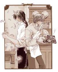 2boys apron bird black_hair chicken chirokko closed_mouth collar cooking feathers framed hair_between_eyes harry_potter_(series) indoors jar long_hair looking_at_object male_focus monochrome multiple_boys oven_mitts plate ponytail pot profile remus_lupin short_hair sirius_black standing sweat talons wing_collar wizarding_world