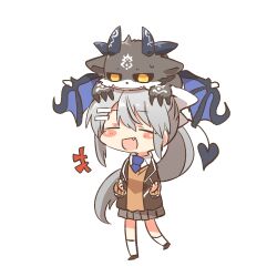 Rule 34 | +++, 1girl, :d, black footwear, black jacket, blazer, blue necktie, blush stickers, bow, brown sweater, chibi, closed eyes, collared shirt, debidebi debiru, fang, grey hair, grey skirt, hair between eyes, hair bow, hair ornament, hairclip, higuchi kaede, higuchi kaede (1st costume), jacket, long hair, necktie, nijisanji, on head, open clothes, open jacket, open mouth, pleated skirt, ponytail, rebecca (keinelove), shirt, shoes, simple background, skirt, smile, socks, sweater, very long hair, virtual youtuber, walking, white background, white bow, white shirt, white socks, yellow eyes