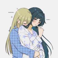 2girls absurdres astra_yao black_hair blonde_hair blue_shirt blush brushing_teeth commentary english_commentary english_text evelyn_chevalier floral_print_shirt hair_intakes heart hickey highres holding holding_toothbrush hug hug_from_behind kannaoowo long_hair long_sleeves mole mole_under_eye morning multiple_girls pajamas purple_eyes shirt toothbrush white_shirt yuri zenless_zone_zero
