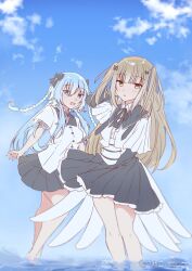 Rule 34 | 2girls, :d, arm ribbon, assault lily, benini, black bow, black ribbon, black skirt, blue eyes, blue hair, blue ribbon, blue sky, blunt bangs, blurry, blush, bow, braid, breasts, brown hair, buttons, capelet, cloud, collared shirt, commentary request, cropped jacket, day, depth of field, fang, feet out of frame, hair between eyes, hair bow, hair ribbon, hand on own cheek, hand on own face, hand up, highres, jewelry, long hair, long sleeves, looking at viewer, looking to the side, medium breasts, miniskirt, mori tatsuki, multiple girls, neck ribbon, open mouth, outdoors, parted lips, pleated skirt, purple ribbon, ribbon, ring, school uniform, shallow water, shirt, short sleeves, skin fang, skirt, skirt tug, sky, smile, sparkle, standing, tada shiera, twin braids, twitter username, two side up, underbust, very long hair, wading, waist cape, water, white capelet, yurigaoka girls academy school uniform