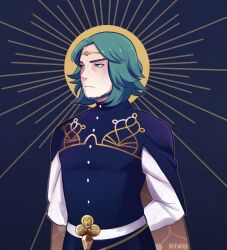 1boy absurdres arms_behind_back artist_name beard blue_background blue_cape cape circlet closed_mouth commentary english_commentary facial_hair fire_emblem fire_emblem:_three_houses green_hair halo hidewari highres looking_to_the_side male_focus nintendo seteth_(fire_emblem)