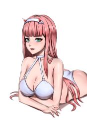 1girl absurdres arm_rest ass bikini breasts cleavage commentary darling_in_the_franxx english_commentary eyeshadow green_eyes hairband highres horns long_hair lying makeup medium_breasts on_stomach parted_lips pink_hair red_eyeshadow red_horns red_lips shio_aw simple_background solo swimsuit very_long_hair white_background white_bikini white_hairband zero_two_(darling_in_the_franxx)