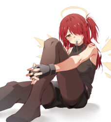 1girl arknights bare_shoulders black_gloves black_pantyhose exusiai_(arknights) exusiai_the_new_covenant_(arknights) fingerless_gloves gloves hair_over_one_eye halo highres kataokasan looking_at_viewer one_eye_covered pantyhose red_eyes red_hair shirt shorts side_ponytail sitting sleeveless sleeveless_shirt solo t-shirt teeth