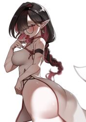 1girl absurdres arm_strap ass black_hair black_hairband black_nails breasts china_dress chinese_clothes colored_inner_hair dress earrings eyelashes first_stage_production forked_tongue glasses hairband highres jewelry long_braid long_hair multicolored_hair nema_filluna piercing pink_eyes pink_hair pointy_ears round_eyewear saliva saliva_trail solo sui_hi_sf tongue tongue_out tongue_piercing virtual_youtuber white_background white_dress