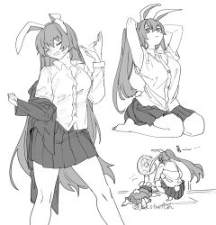2girls absurdres animal_ears arms_behind_head arms_up blazer closed_mouth collared_shirt commentary_request electric_fan fanning_self greyscale highres hot inaba_tewi jacket long_hair long_sleeves looking_at_viewer lying mero_(starfish_jcs) monochrome multiple_girls multiple_views on_stomach pleated_skirt ponytail rabbit_ears rabbit_girl rabbit_tail reisen_udongein_inaba seiza shirt short_sleeves sitting skirt squatting tail touhou twitter_username tying_hair very_long_hair white_background