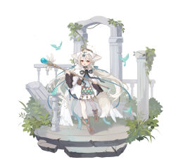 1girl animal_ears bag bird blonde_hair blue_bird blue_dress blue_ribbon boots brown_bag brown_boots chin_strap commentary_request dress fox_ears fox_girl fox_tail full_body hair_ornament hair_ribbon highres holding holding_staff hood hood_down hooded_jacket jacket layered_dress long_hair long_sleeves low_twintails open_clothes open_jacket open_mouth original pantyhose pom_pom_(clothes) pom_pom_hair_ornament red_eyes ribbon sakurada_shiro_(hy_plus) shio_(shiofeifei) shoulder_bag smile solo staff standing tail twintails very_long_hair white_background white_jacket white_pantyhose wide_sleeves