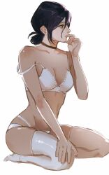1girl black_choker black_hair bra breasts chainsaw_man choker commentary english_commentary green_eyes hand_up highres panties reze_(chainsaw_man) seiza simple_background sitting small_breasts solo strap_slip sudstance thighhighs underwear white_background white_bra white_panties white_thighhighs